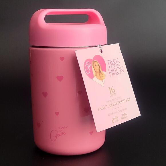 Paris Hilton 16 oz Pink Insulated Food Jar Shimmer Fairy Princess Hearts‎ NEW - Picture 1 of 8